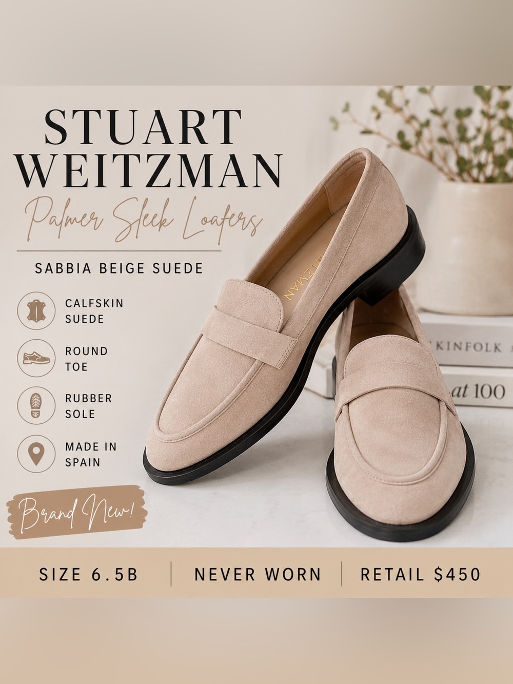 NEW Stuart Weitzman Palmer Sleek Loafers 6.5B Sabbia Beige Suede Leather Spain‎